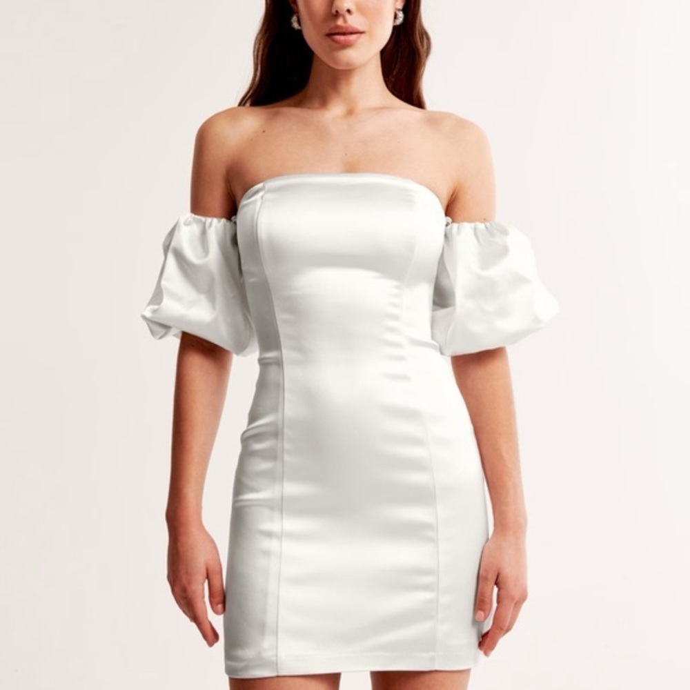 Abercrombie & Fitch White Satin off-the-shoulder puff sleeve mini dress